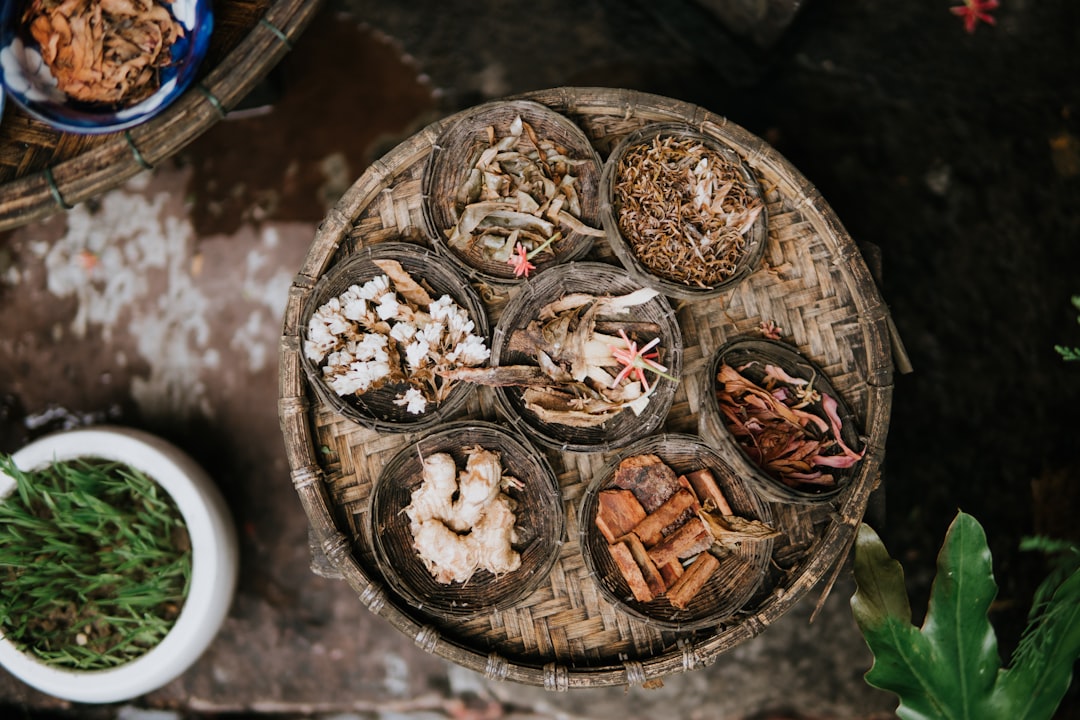 Traditional Chinese Medicine herbs in ceramic bowls